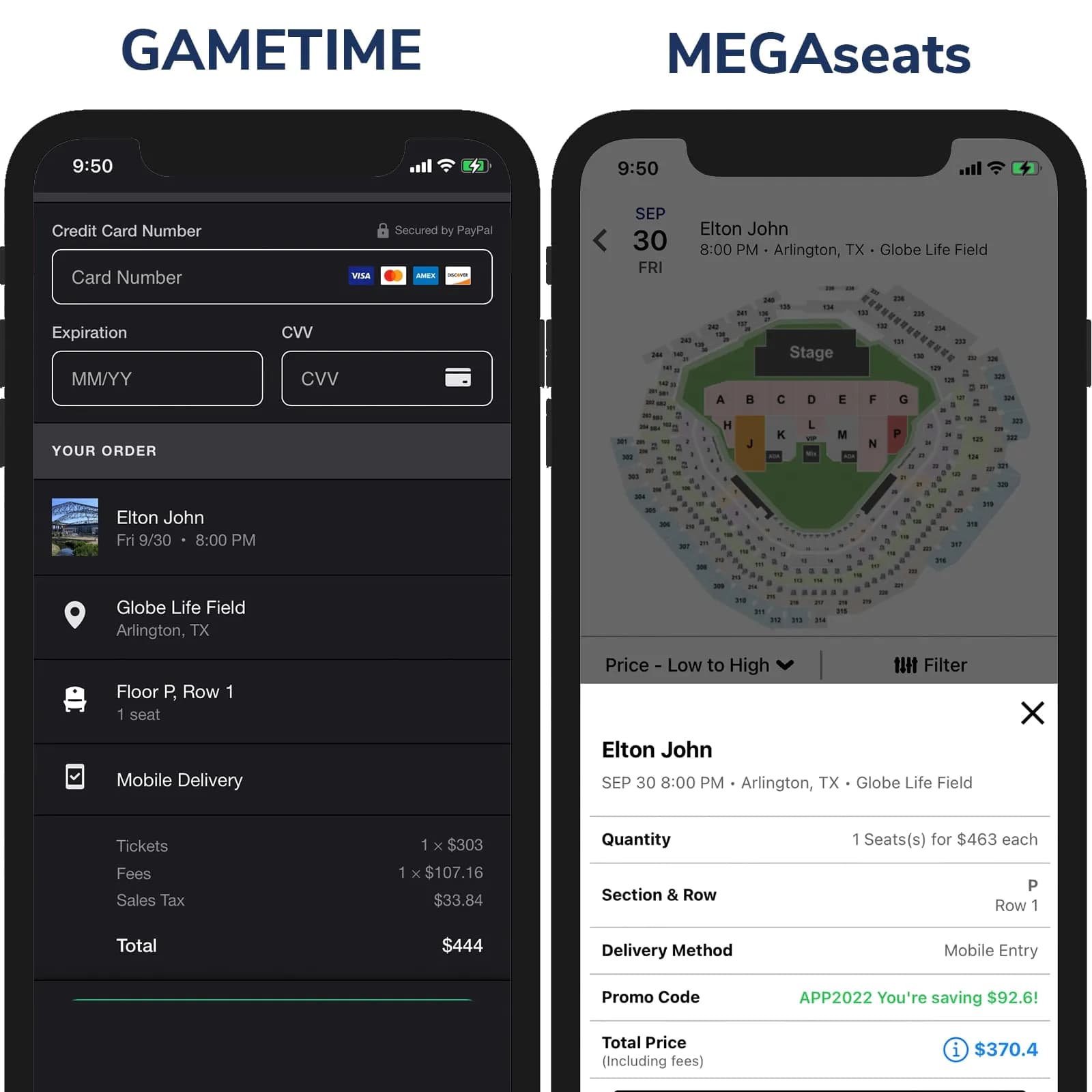 Screenshot of TicketMaster price vs ScoreBig Price on Checkout Page