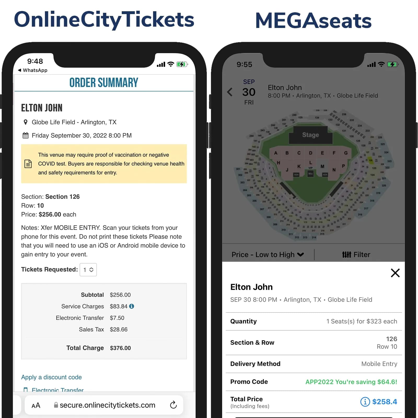 Screenshot of TicketMaster price vs ScoreBig Price on Checkout Page