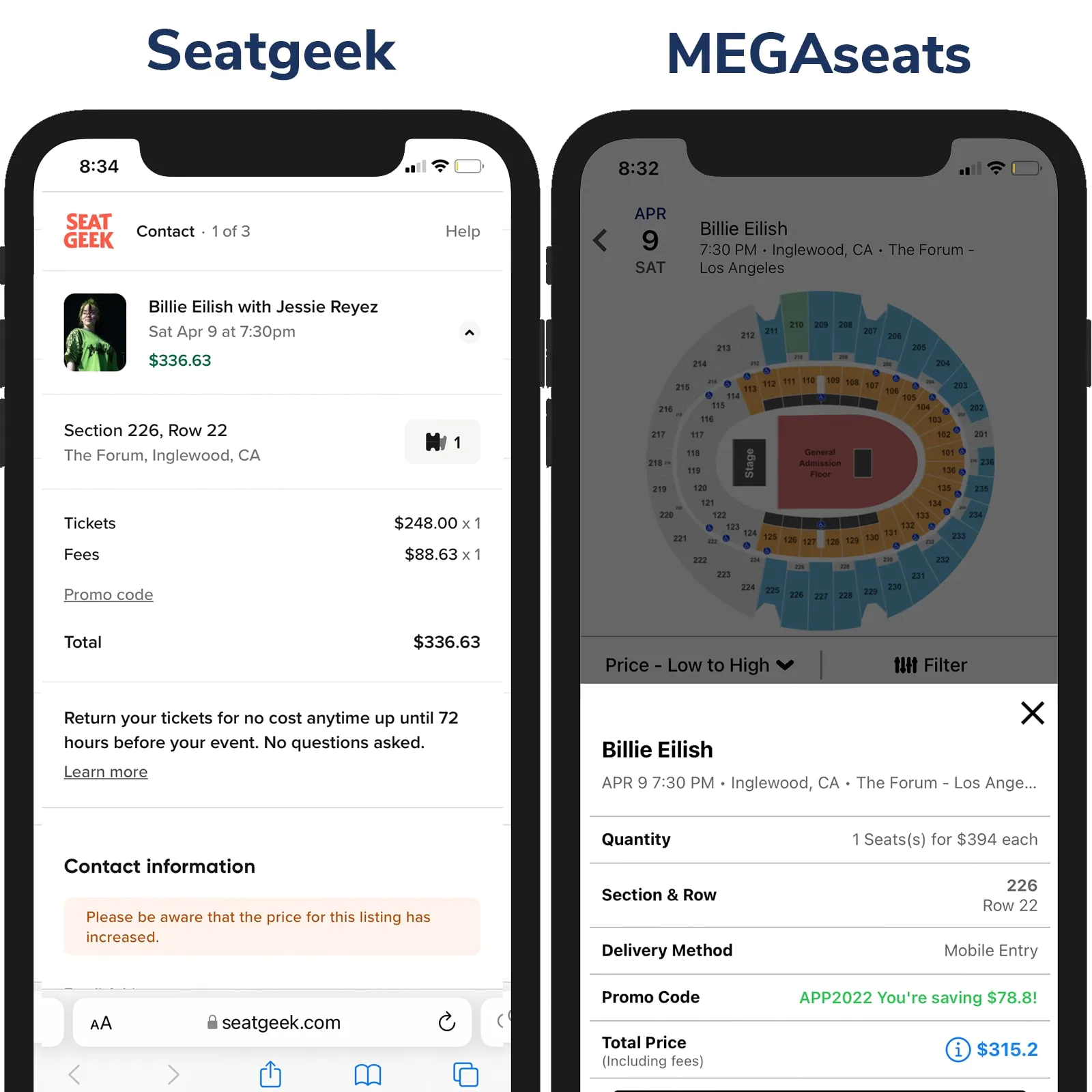 Screenshot of TicketMaster price vs ScoreBig Price on Checkout Page