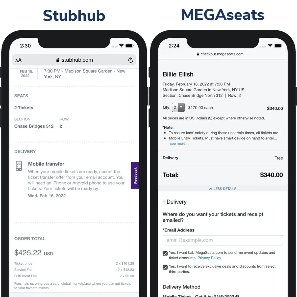 Screenshot of TicketMaster price vs ScoreBig Price on Checkout Page