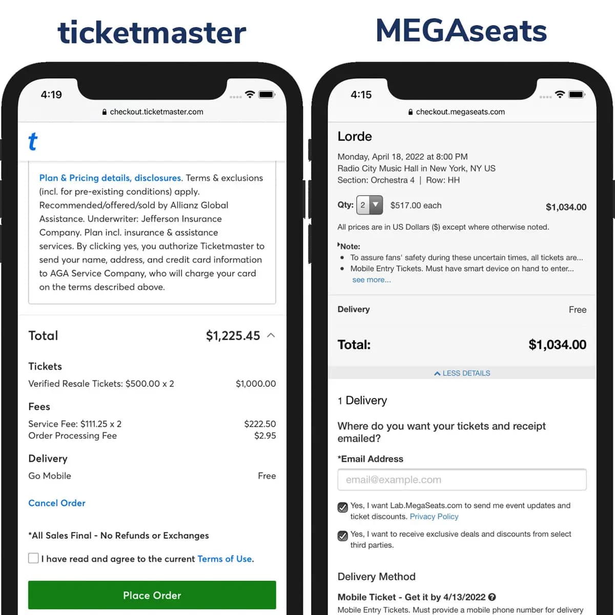 Screenshot of TicketMaster price vs ScoreBig Price on Checkout Page