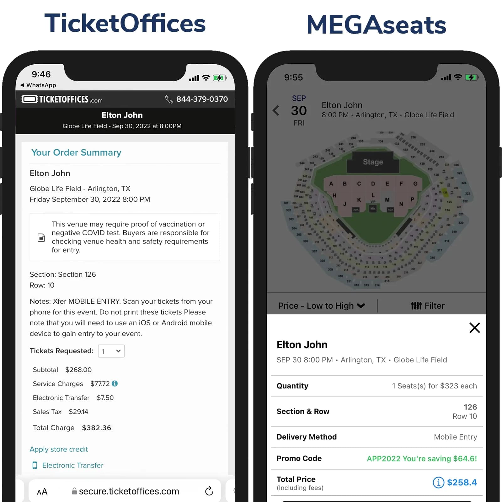 Screenshot of TicketMaster price vs ScoreBig Price on Checkout Page