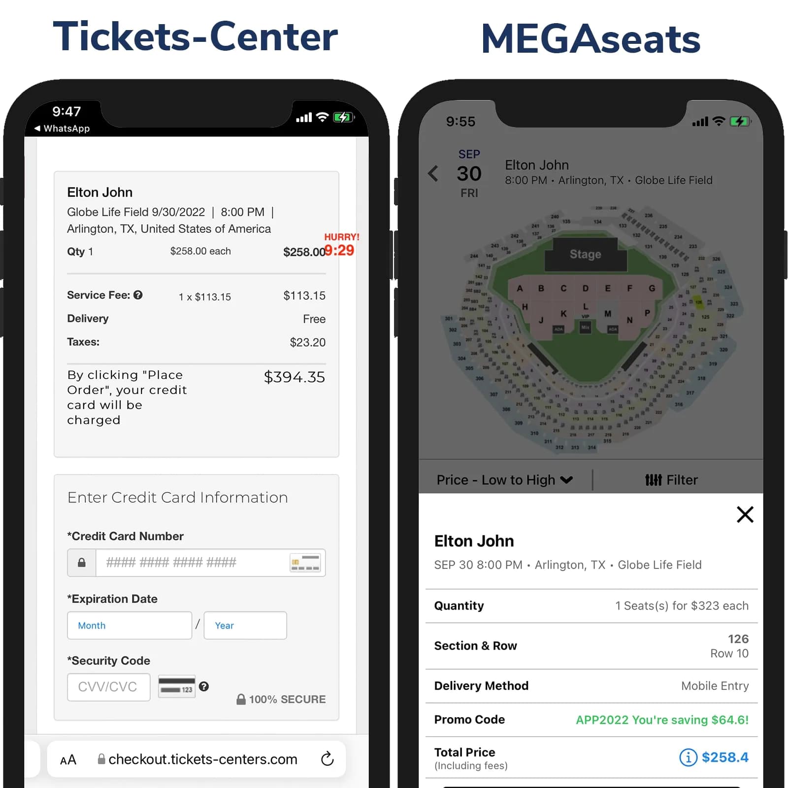 Screenshot of TicketMaster price vs ScoreBig Price on Checkout Page