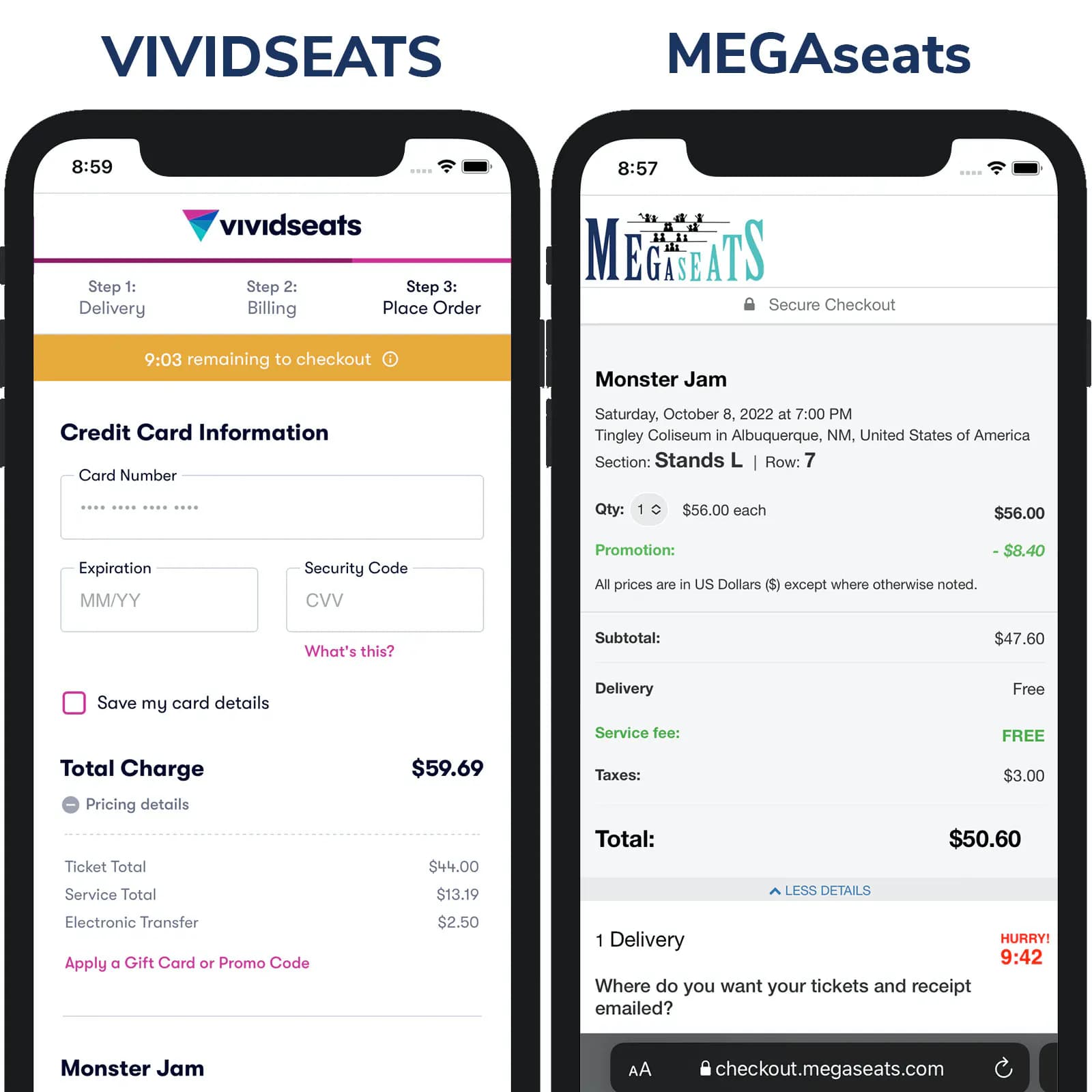 Screenshot of TicketMaster price vs ScoreBig Price on Checkout Page
