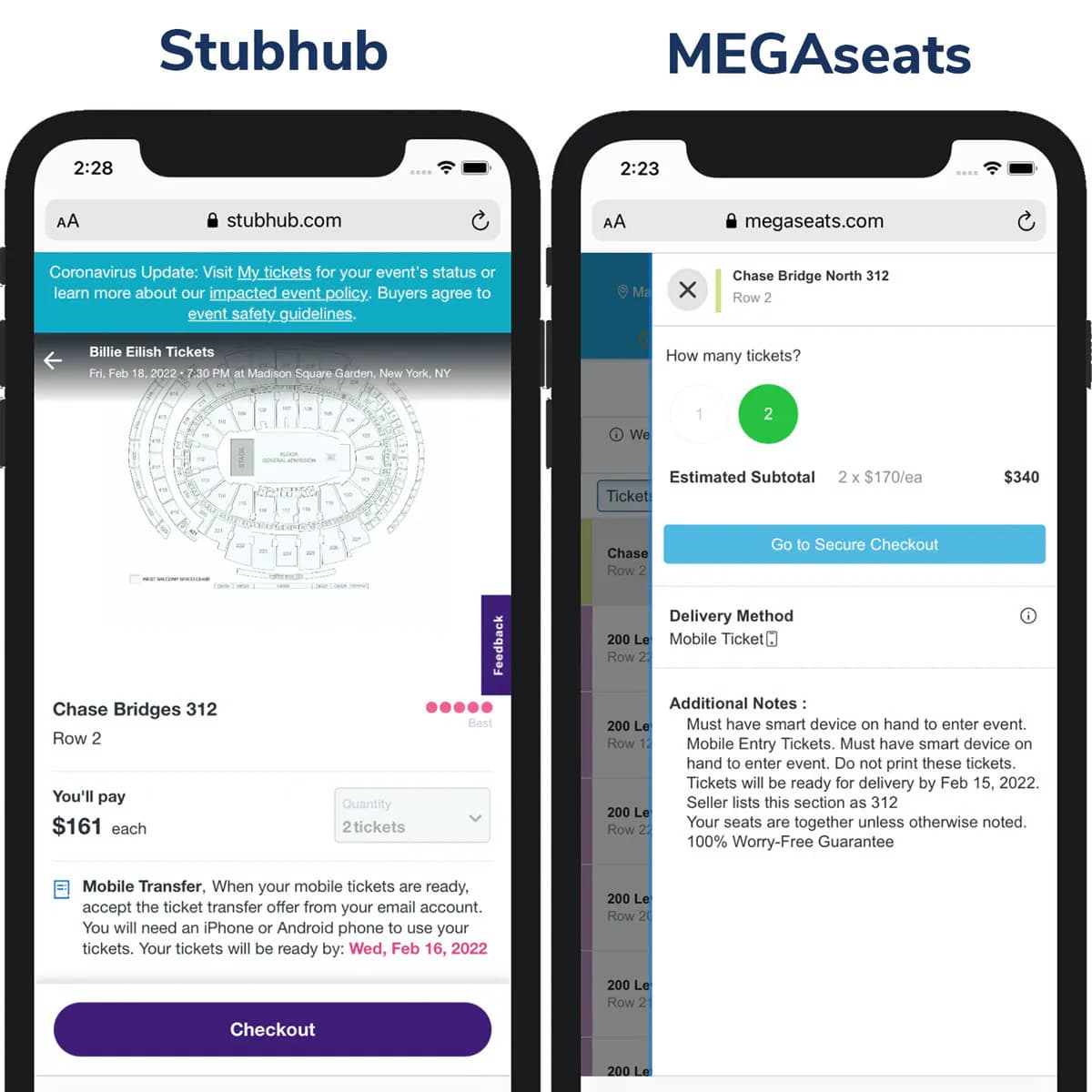 Screenshot of TicketMaster price vs ScoreBig Price on Maps Page