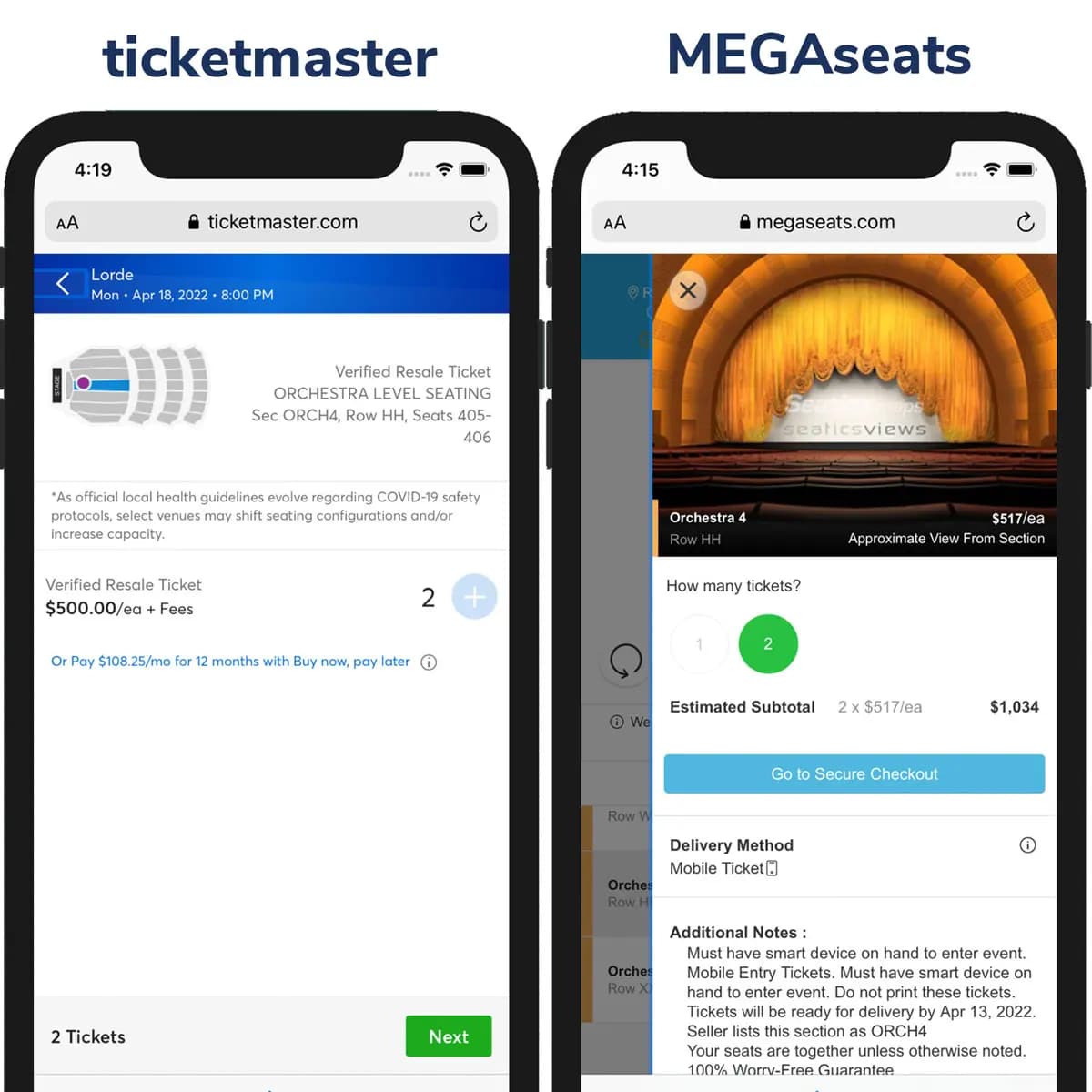 Screenshot of TicketMaster price vs ScoreBig Price on Maps Page