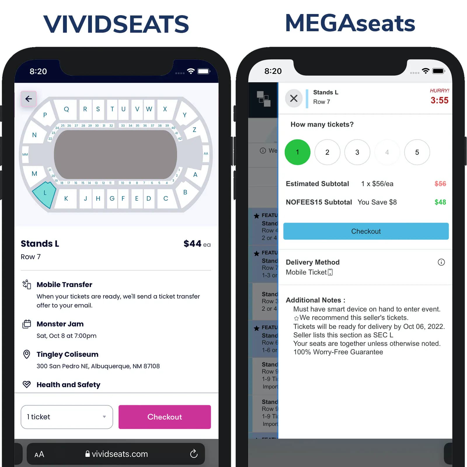 Screenshot of TicketMaster price vs ScoreBig Price on Maps Page